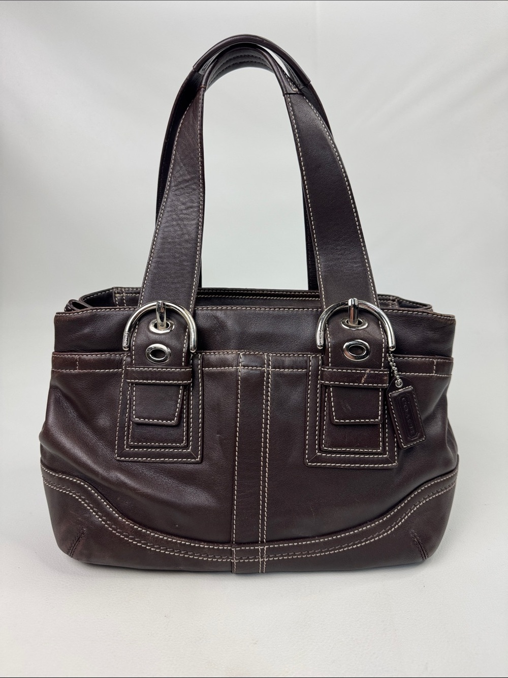 Vintage Coach Dark Brown Leather Shoulder Bag Silver buckle detail Zip close